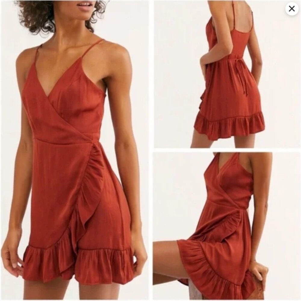 Free People All My Love Wrap Mini Dress In Orange Rust Satin XS